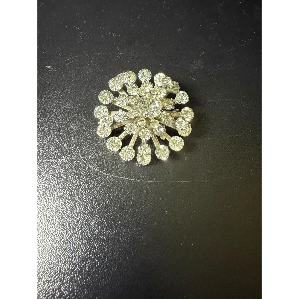 Vintage Sunburst Brooch Silver Tone Clear Rhinestone Starburst Floral Pin